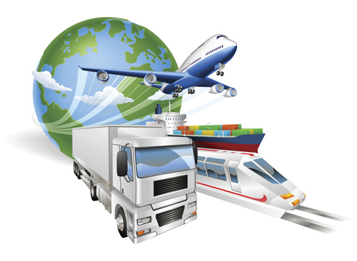 Global logistics concept illustration.. Globe, airplane (aeroplane), truck, train and cargo container ship.